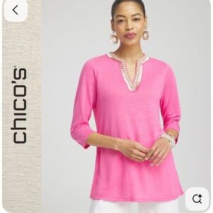 Chico's NWT Linen Embellished Tunic Top Womens Large Pink Easter Spring Beaded